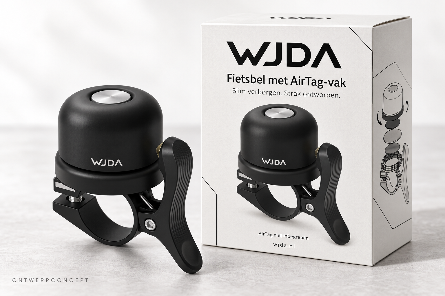 WJDA fietsbel met AirTag-vak naast de zwart-witte verpakking
