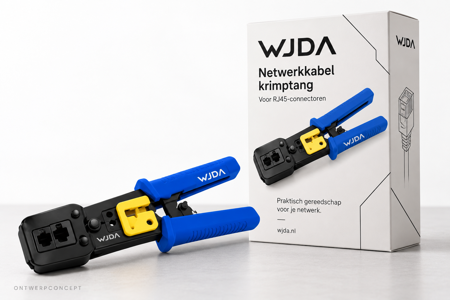 WJDA netwerkkabel krimptang met zwart-witte verpakking — ontwerpconcept