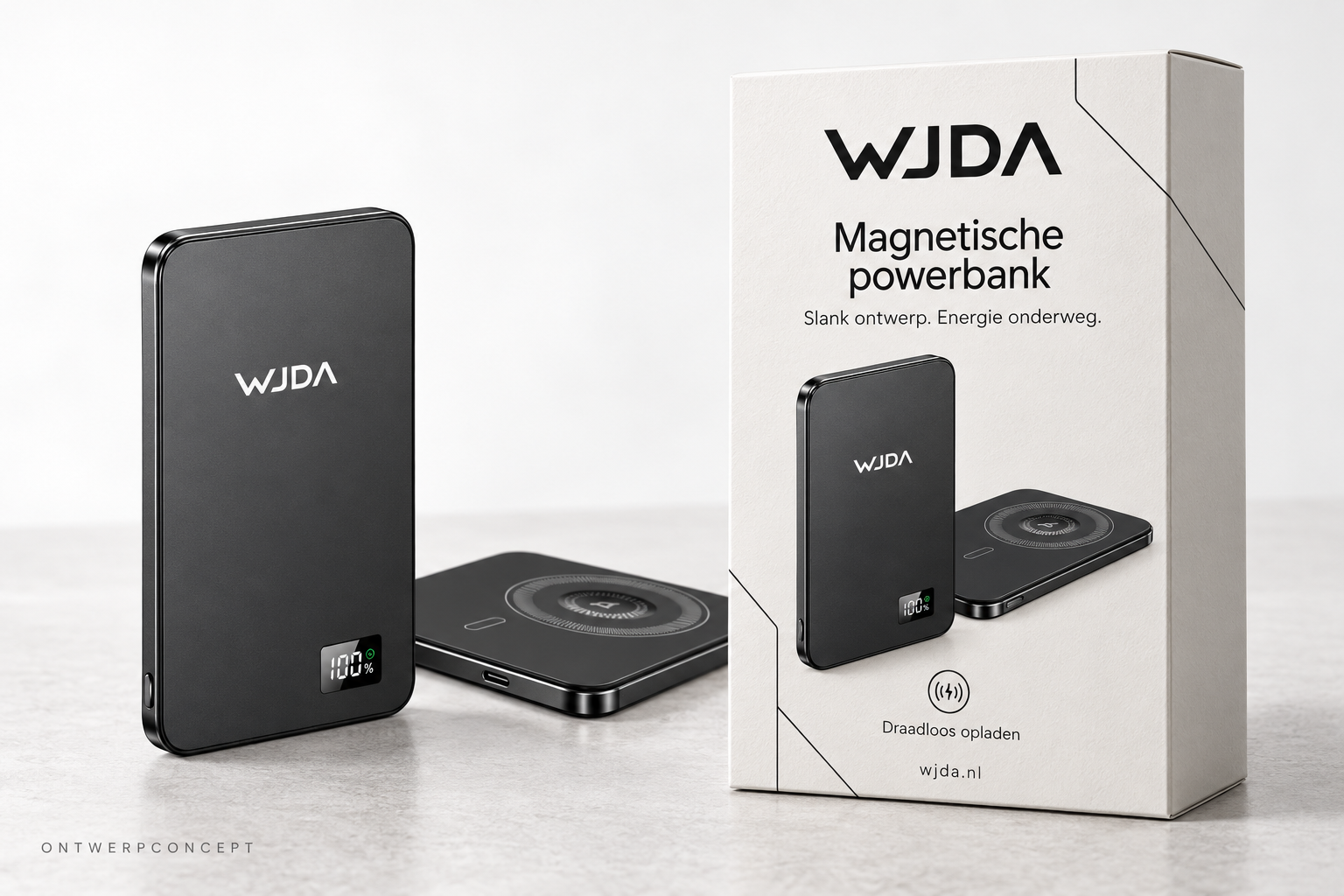 WJDA magnetische powerbank met zwart-witte verpakking — ontwerpconcept